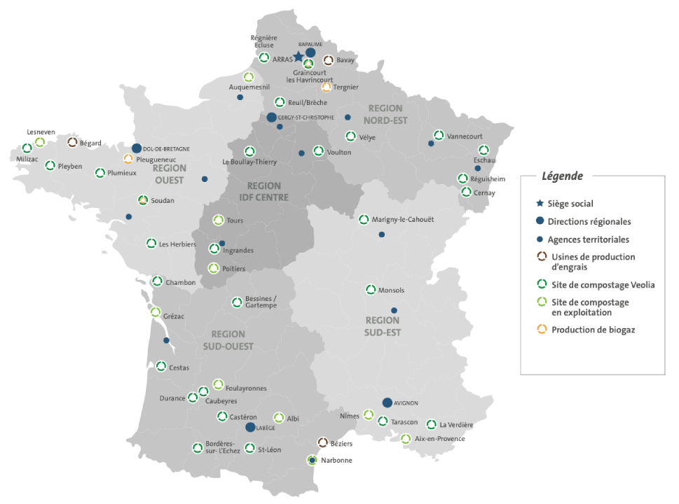 Carte de France des activités Agriculture de Veolia
