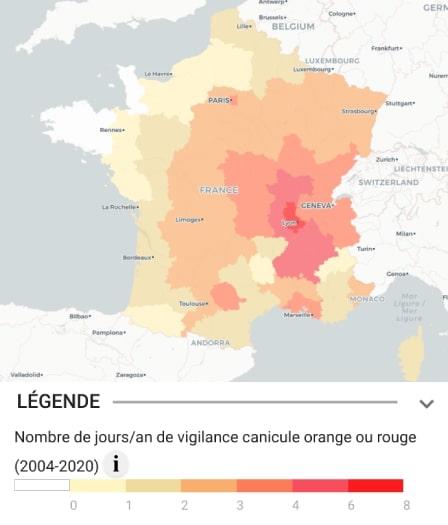 Carte des fortes chaleurs en France sur la période 2004 à 2020