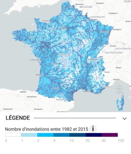 Carte des inondations en France de 1982 à 2015