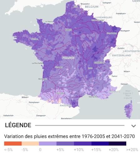 Carte prévisionnelle des pluies extrêmes en France, horizon 2041-2070