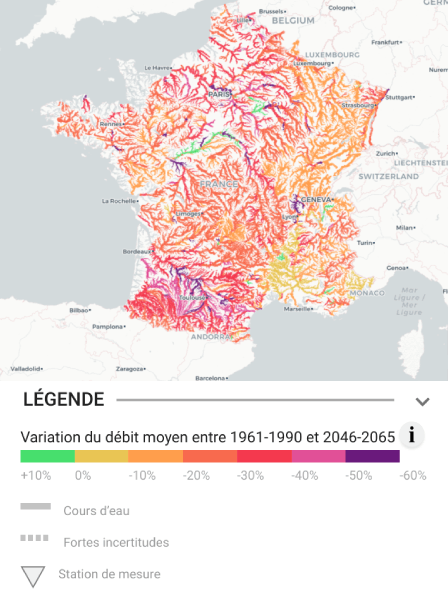 Carte prévisionnelle de sécheresse des cours d’eau en France, horizon 2041-2065