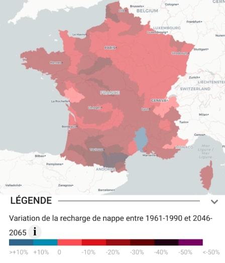 Carte prévisionnelle de sécheresse des nappes phréatiques en France, horizon 2041-2065