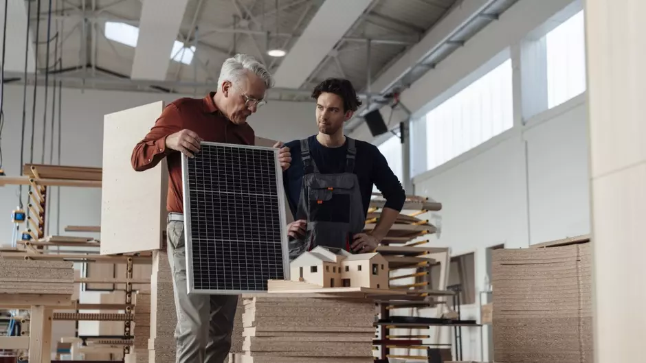 2 hommes avec panneaux solaires dans un atelier