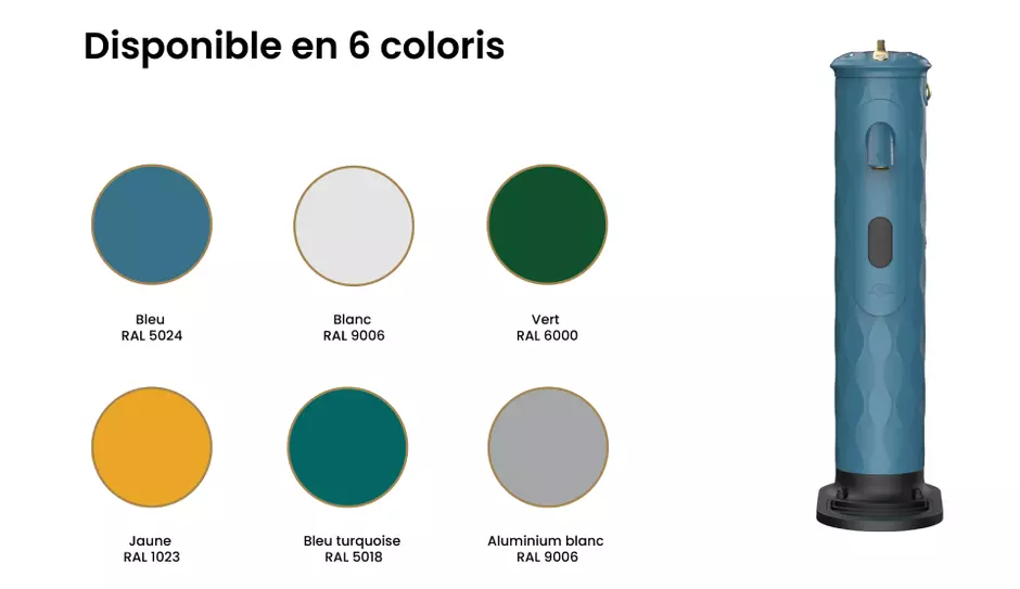 La borne fontaine Neo est disponible en plusieurs coloris : bleu, blanc, vers, jaune, turquoise et aluminium